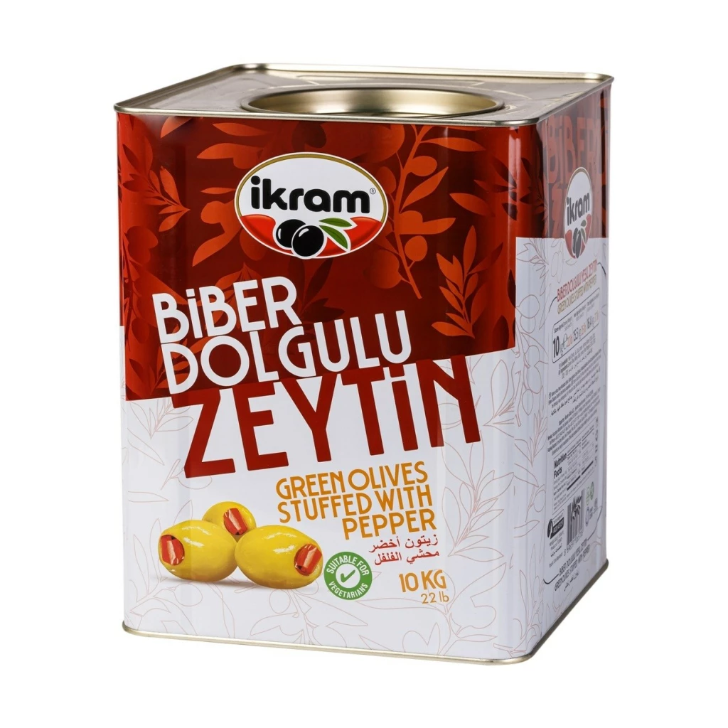 Ikram Green Olives W/ Red Pepper 10KGx1 – Distributor In New Jersey, Florida - California, USA