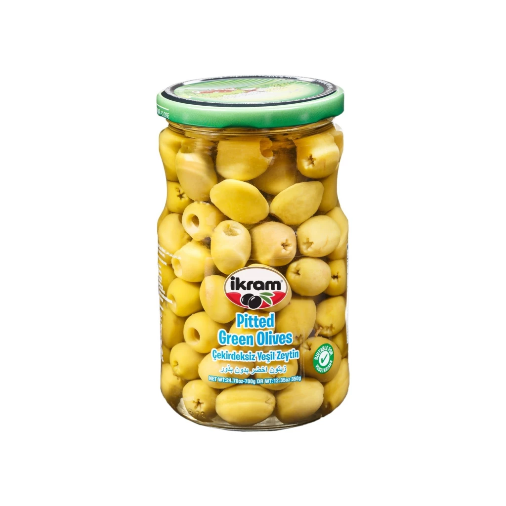 Ikram Green Olives Seedless (Pitted) 350Grx12 – Distributor In New Jersey, Florida - California, USA
