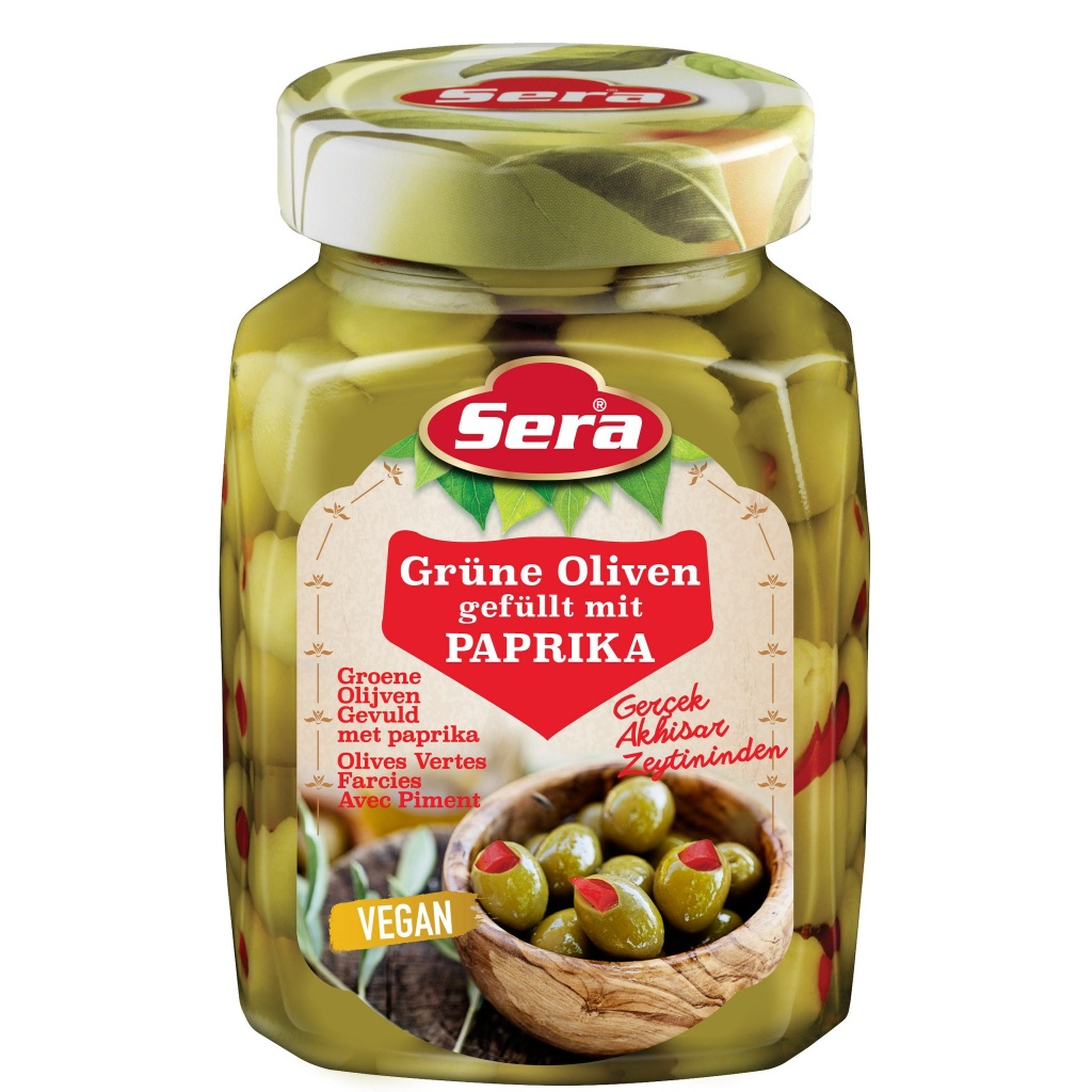 Sera Green Olives Stuffed W Pepper 12X750Ml – Distributor In New Jersey, Florida - California, USA